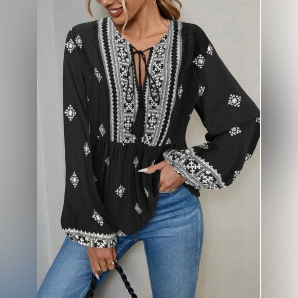 Boho Floral Print Long Sleeve Tie Front Shirt Peplum Top Black